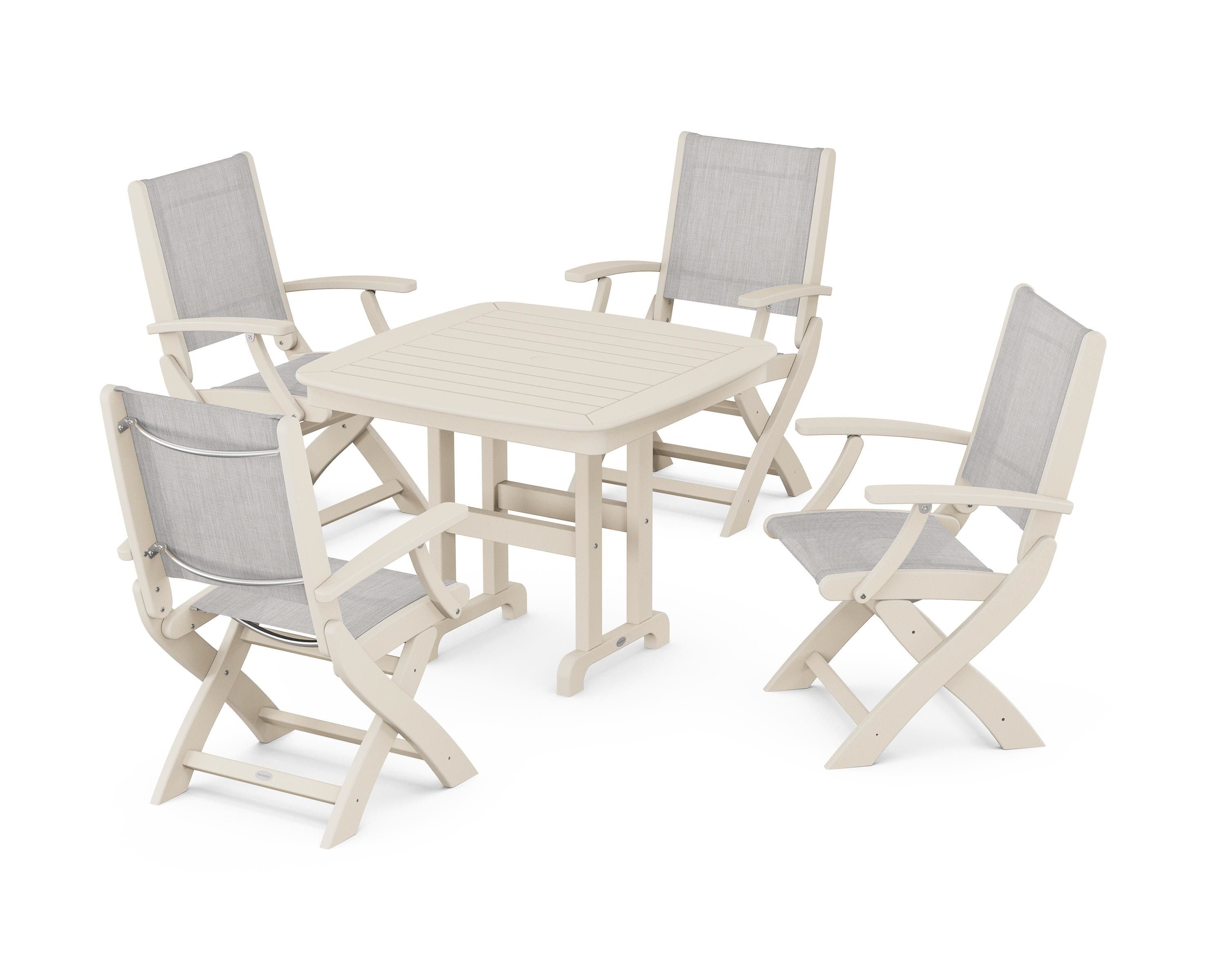 POLYWOOD® Coastal Folding Chair 5-Piece Dining Set in Sand / Parchment Sling