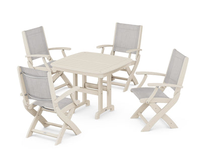 POLYWOOD® Coastal Folding Chair 5-Piece Dining Set in Sand / Parchment Sling