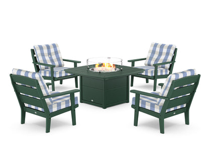 POLYWOOD® Lakeside 5-Piece Deep Seating Set with Nautical Fire Pit Table in Green / Buffalo Plaid Sky Blue
