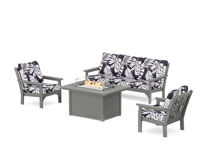 POLYWOOD® Vineyard Deep Seating Fire Pit Table Set in Slate Grey / Leaf Navy