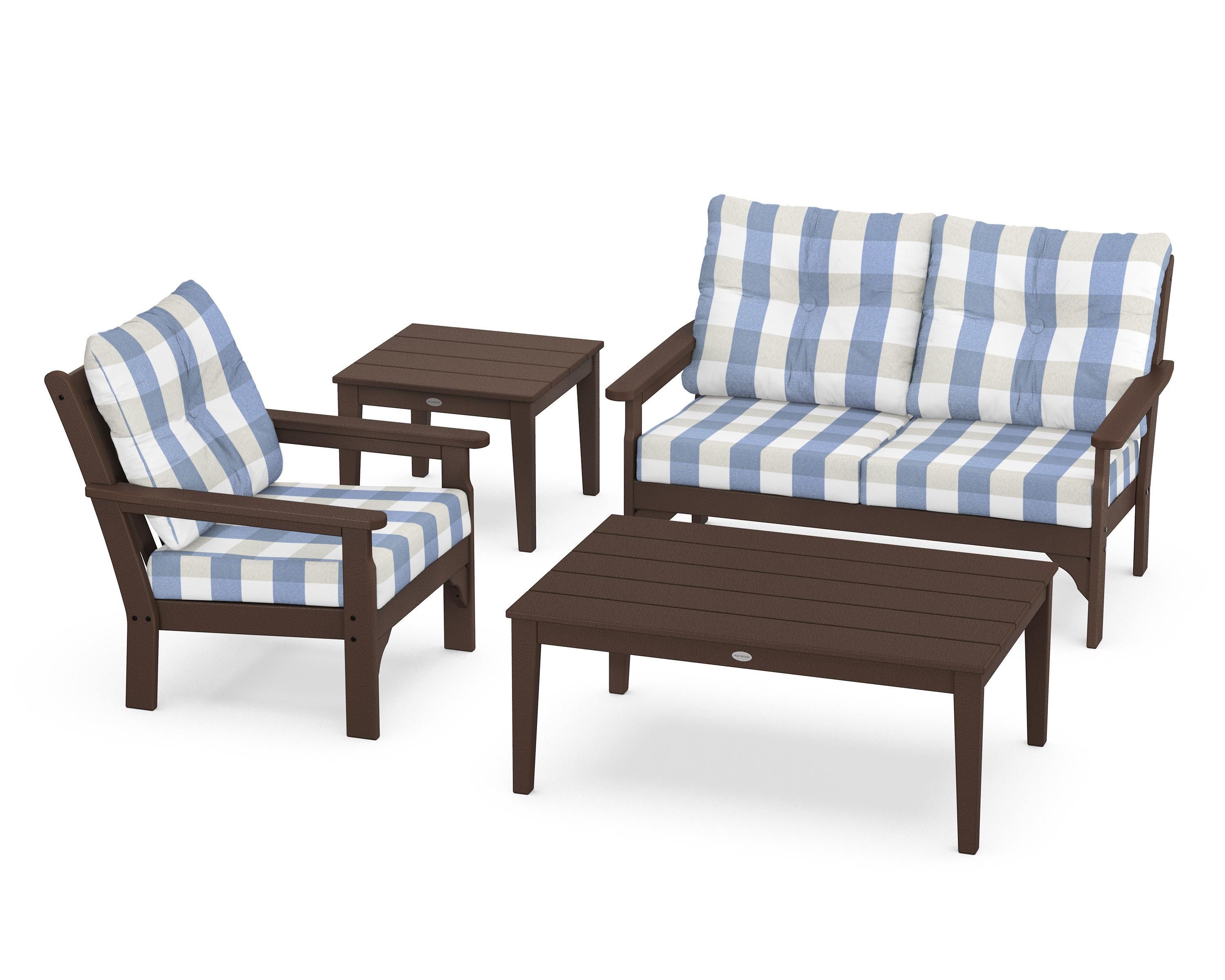 POLYWOOD® Vineyard 4-Piece Deep Seating Set in Mahogany / Buffalo Plaid Sky Blue