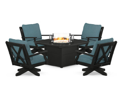 POLYWOOD® Braxton 5-Piece Deep Seating Swivel Conversation Set with Fire Pit Table in Black / Ocean Teal