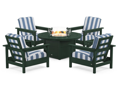 POLYWOOD® Club 5-Piece Conversation Set with Fire Pit Table in Green / Cabana Stripe Sky Blue