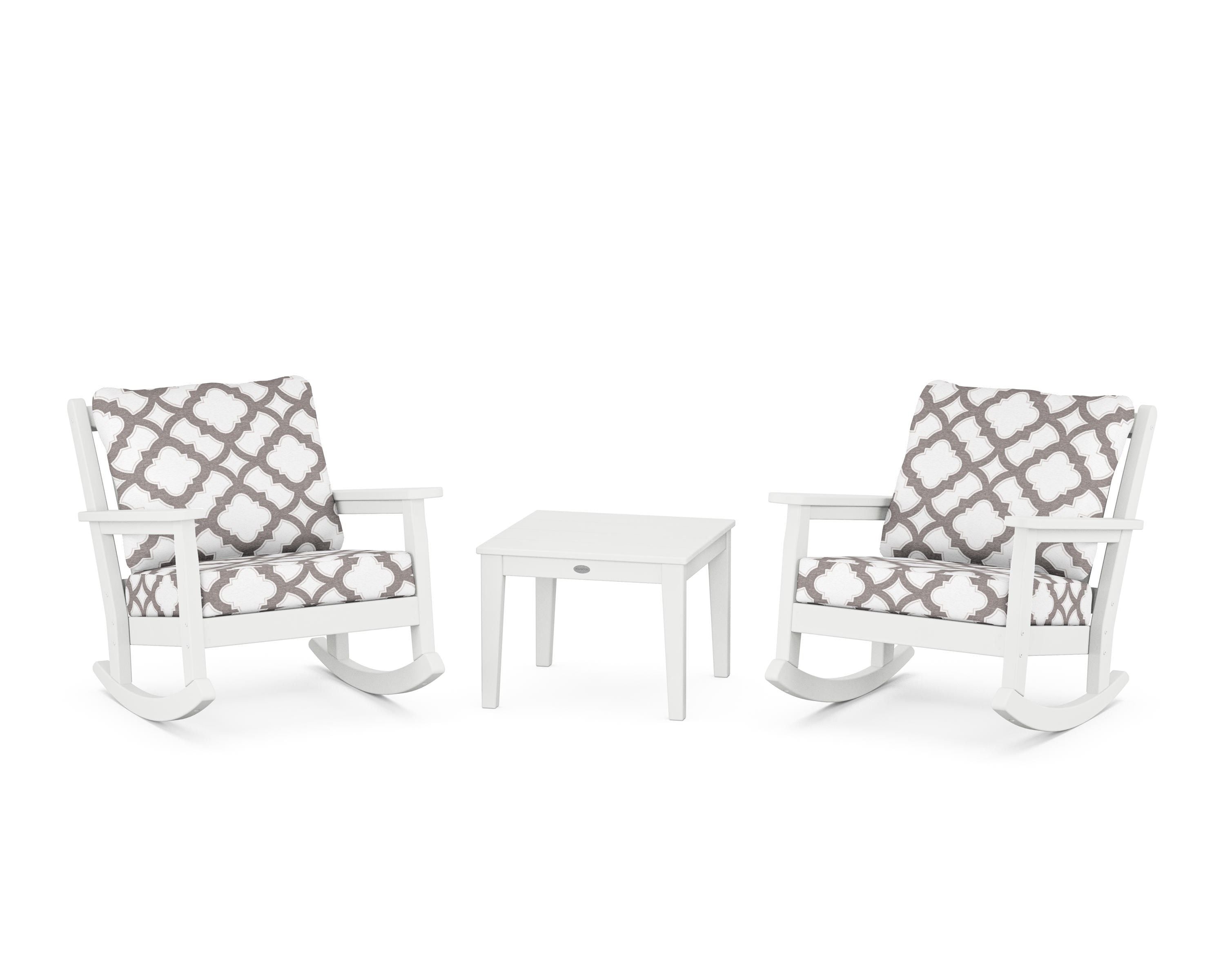 POLYWOOD® Chippendale 3-Piece Deep Seating Rocker Set in White / Trellis Grey Mist