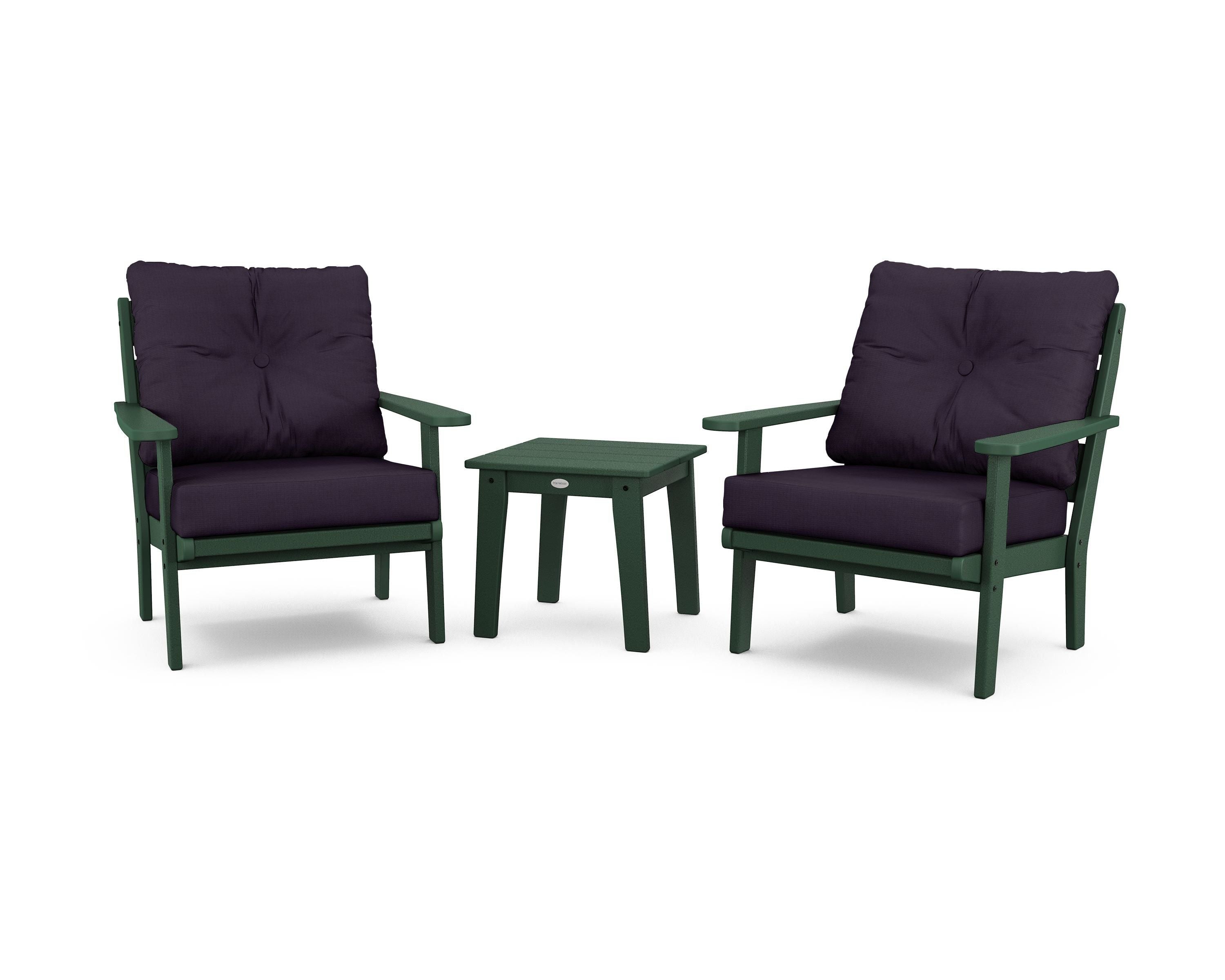 POLYWOOD® Lakeside 3-Piece Deep Seating Chair Set in Green / Navy Linen
