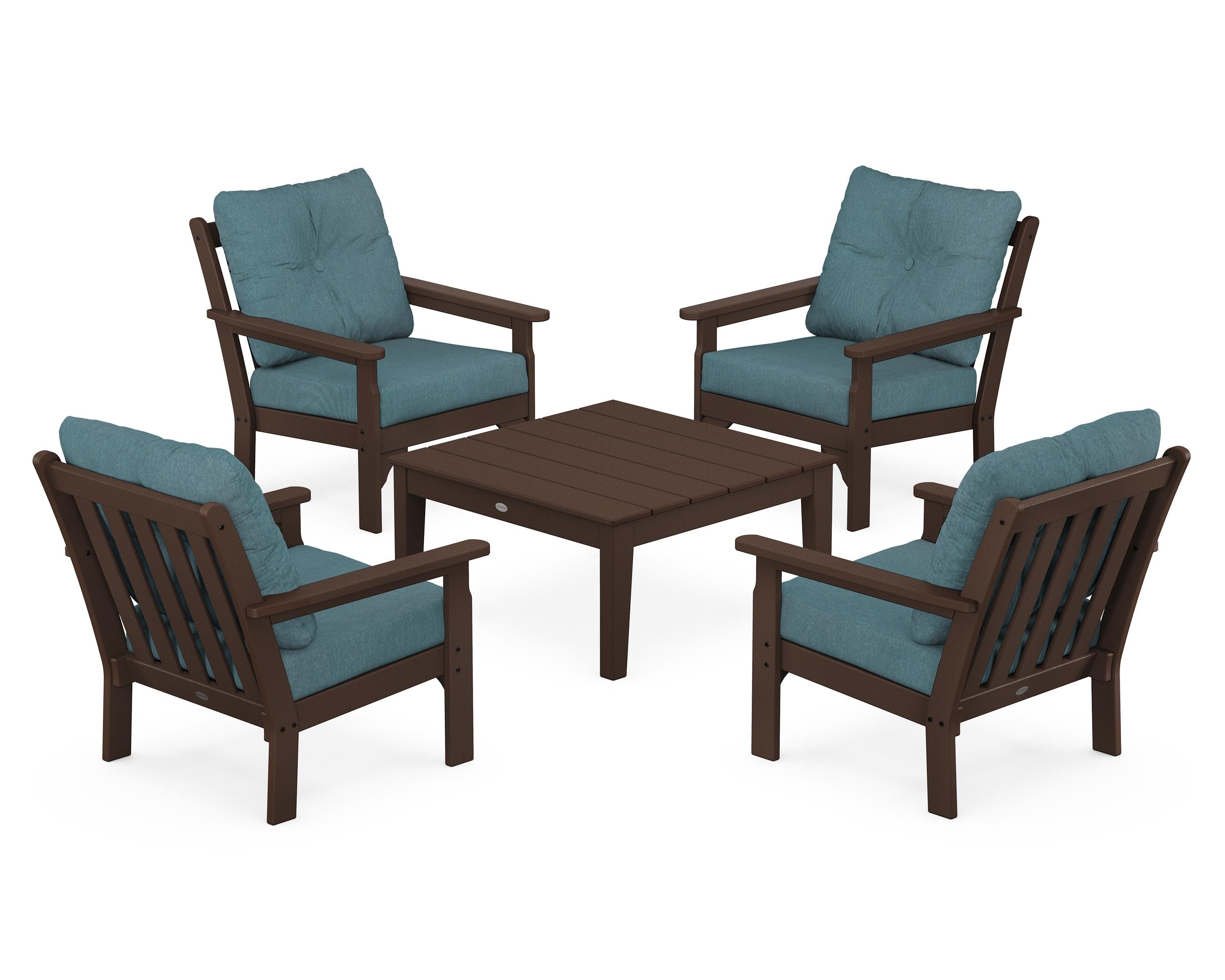 POLYWOOD® Vineyard 5-Piece Deep Seating Conversation Set in Mahogany / Ocean Teal