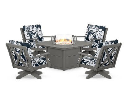 POLYWOOD® Braxton 5-Piece Deep Seating Swivel Conversation Set with Fire Pit Table in Slate Grey / Leaf Marine Indigo