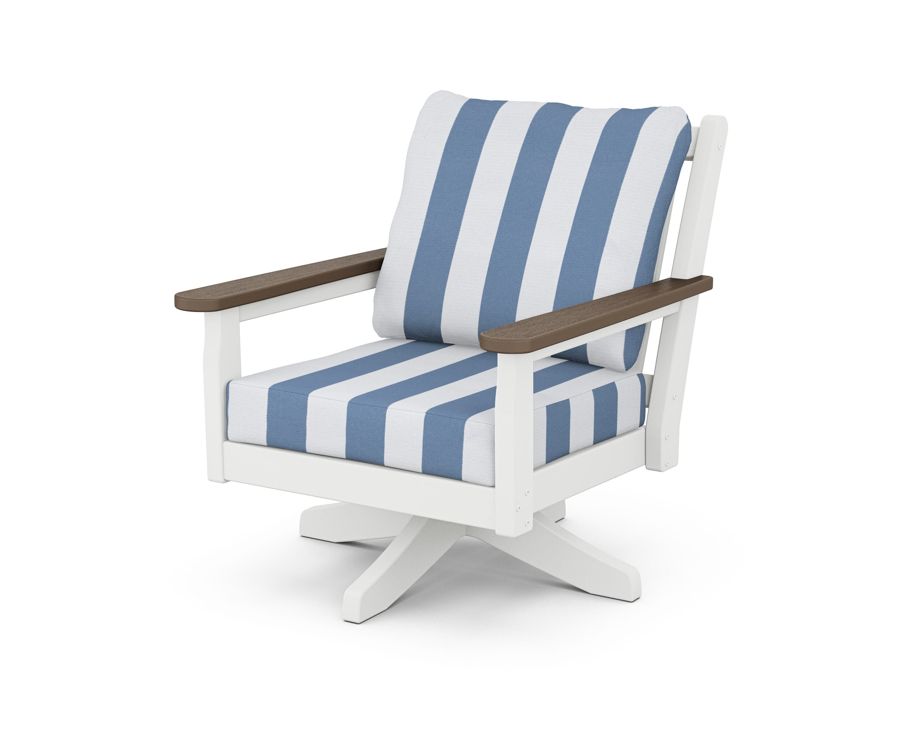 POLYWOOD® Chippendale Deep Seating Swivel Chair in White / Kona / Cabana Stripe Sky Blue