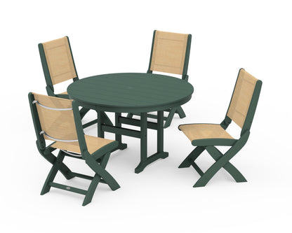 POLYWOOD® Coastal Folding Side Chair 5-Piece Round Dining Set in Green / Dupioni Apricot Sling