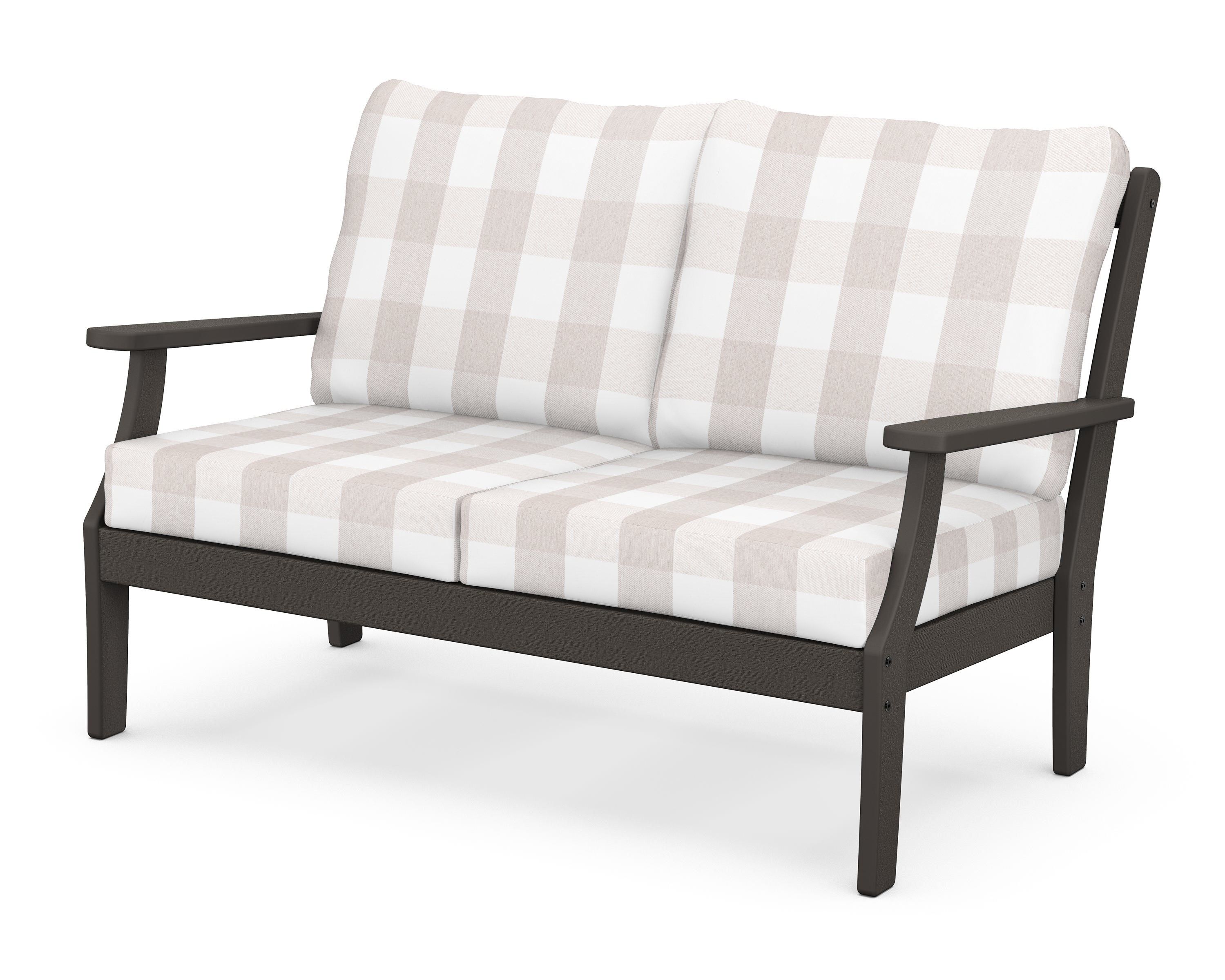 POLYWOOD® Braxton Deep Seating Loveseat in Vintage Coffee / Buffalo Plaid Dune Burlap