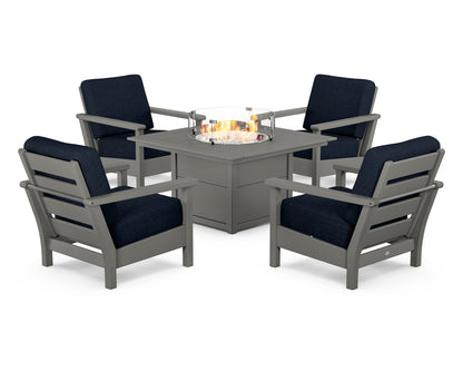 POLYWOOD® Harbour 5-Piece Conversation Set with Fire Pit Table in Slate Grey / Marine Indigo