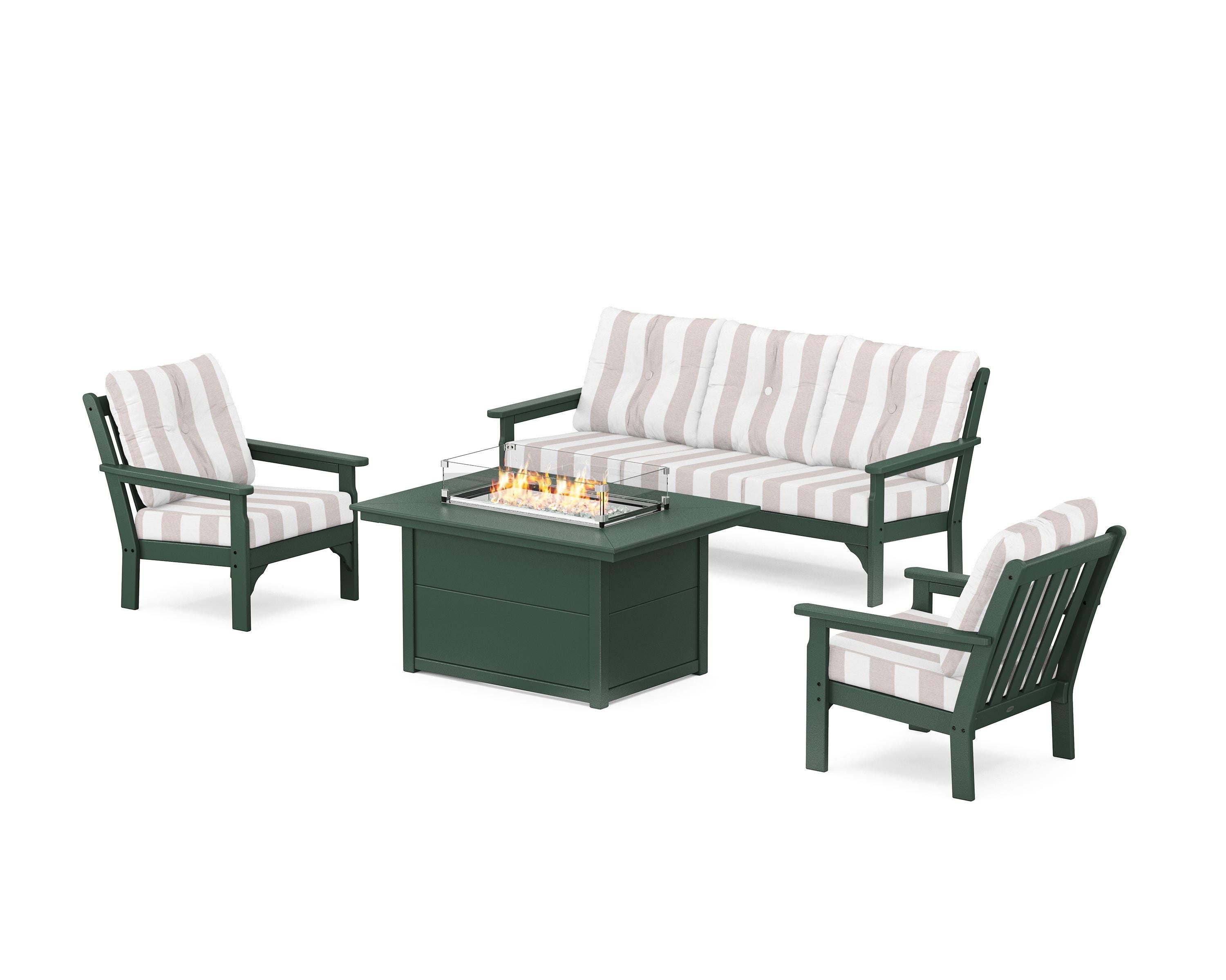 POLYWOOD® Vineyard Deep Seating Fire Pit Table Set in Green / Cabana Stripe Dune Burlap