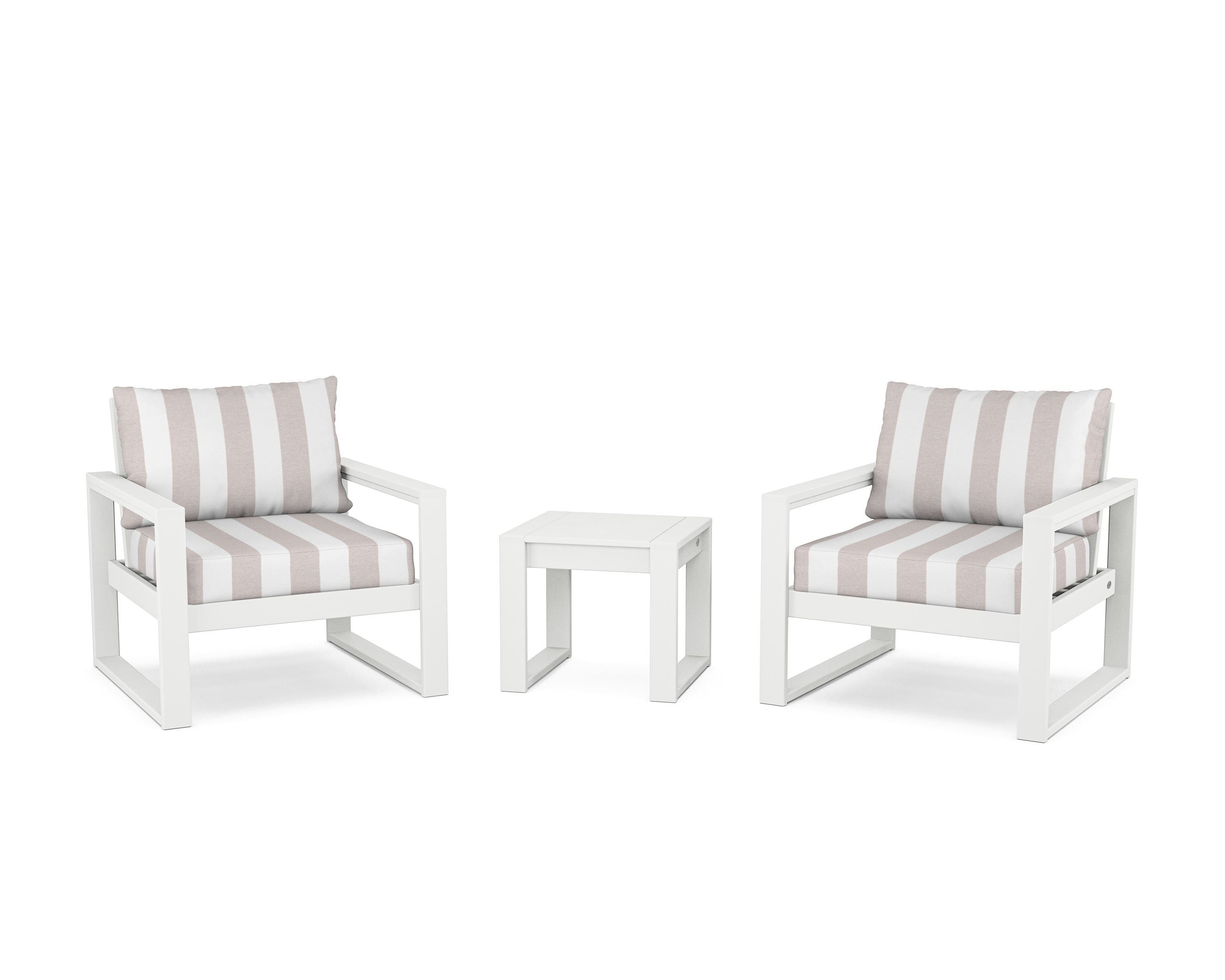 POLYWOOD® EDGE Sectional 3-Piece Deep Seating Set in White / Cabana Stripe Dune Burlap