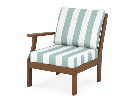 POLYWOOD® Braxton Modular Left Arm Chair in Teak / Cabana Stripe Glacier Spa