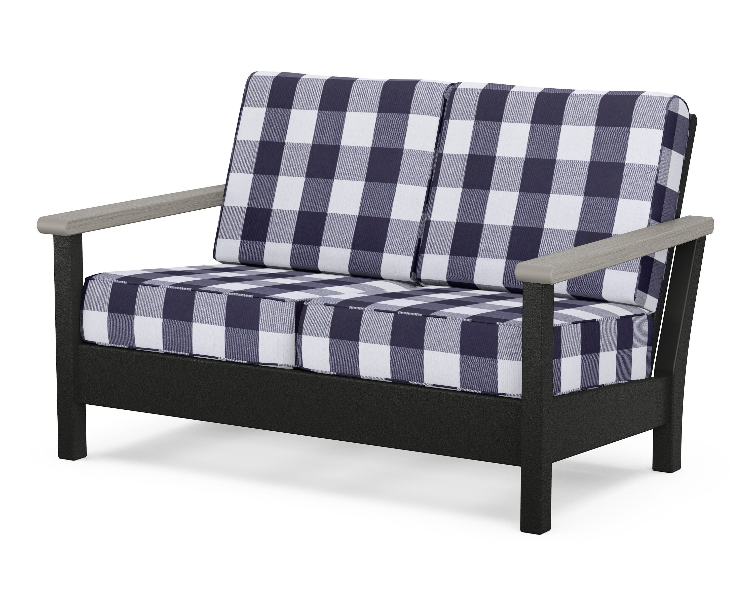 POLYWOOD® Harbour Deep Seating Loveseat in Black / Driftwood / Buffalo Plaid Navy