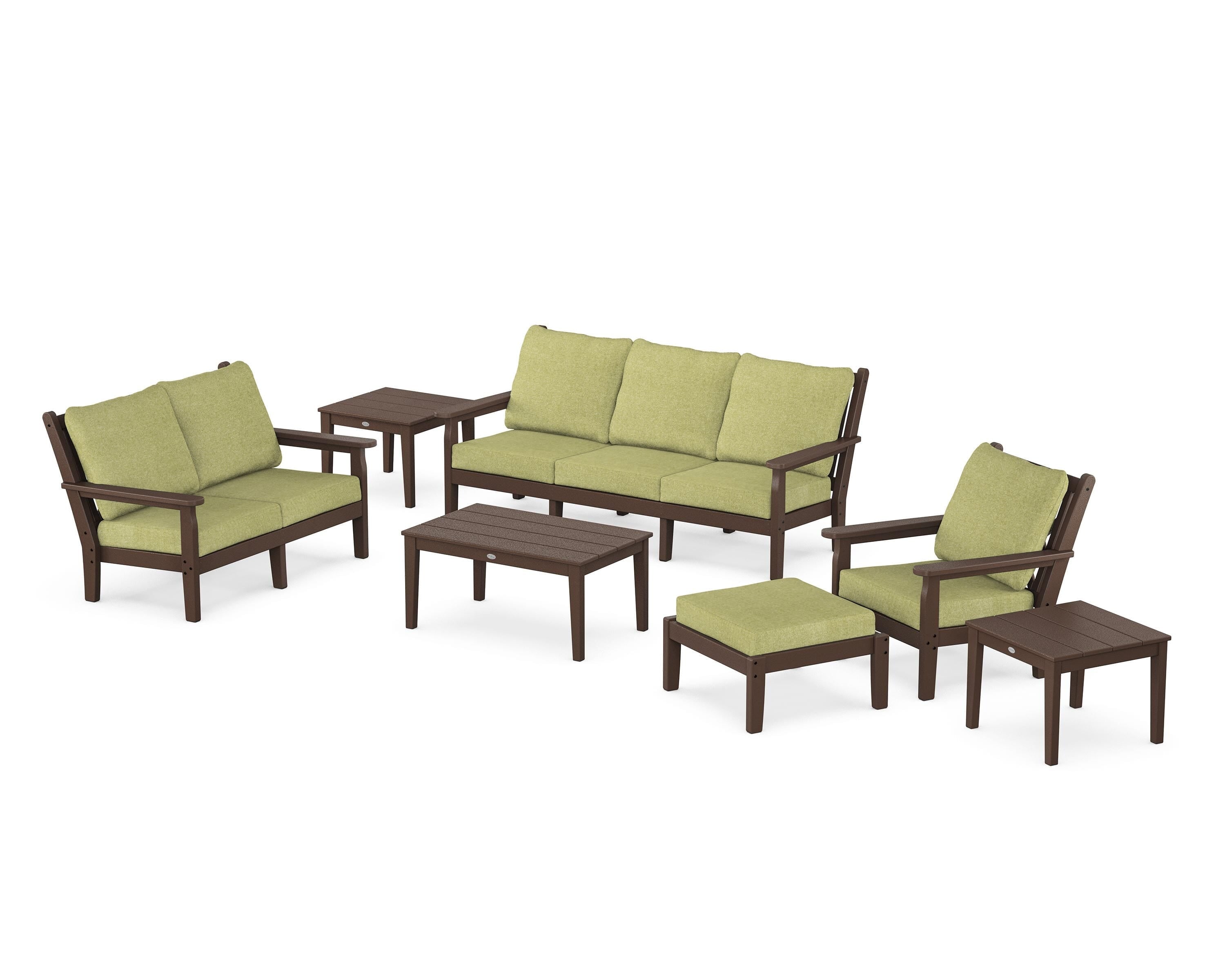 POLYWOOD® Chippendale 7-Piece Deep Seating Set in Mahogany / Chartreuse Boucle