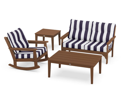 POLYWOOD® Vineyard 4-Piece Deep Seating Rocker Set in Teak / Cabana Stripe Navy