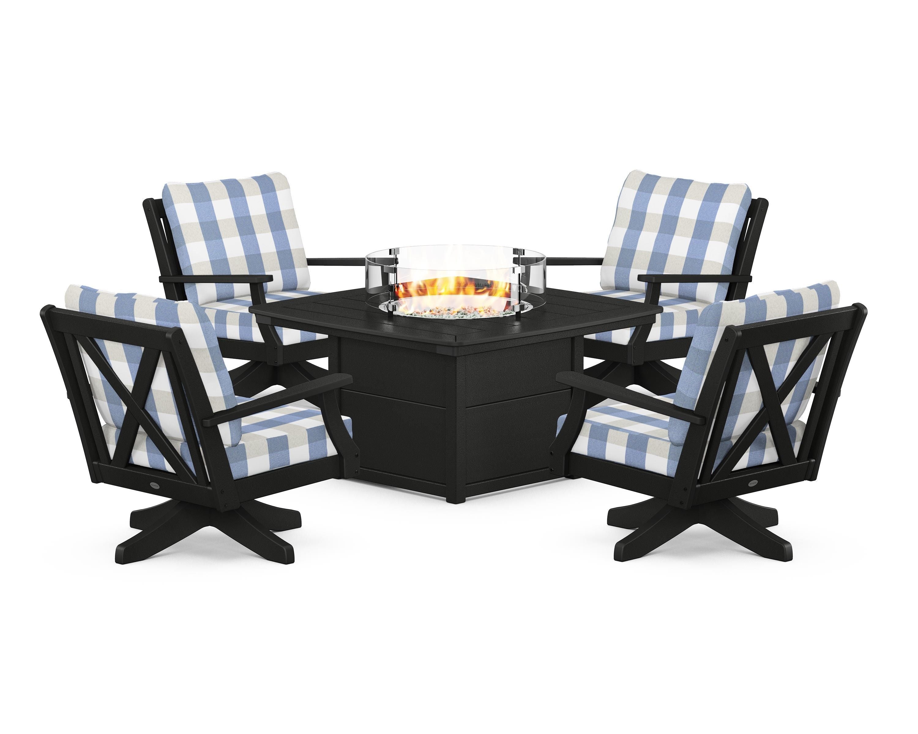 POLYWOOD® Braxton 5-Piece Deep Seating Swivel Conversation Set with Fire Pit Table in Black / Buffalo Plaid Sky Blue