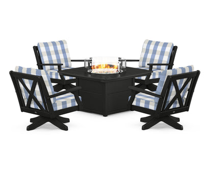 POLYWOOD® Braxton 5-Piece Deep Seating Swivel Conversation Set with Fire Pit Table in Black / Buffalo Plaid Sky Blue