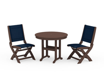 POLYWOOD® Coastal Folding Side Chair 3-Piece Round Dining Set in Mahogany / Navy Blue Sling
