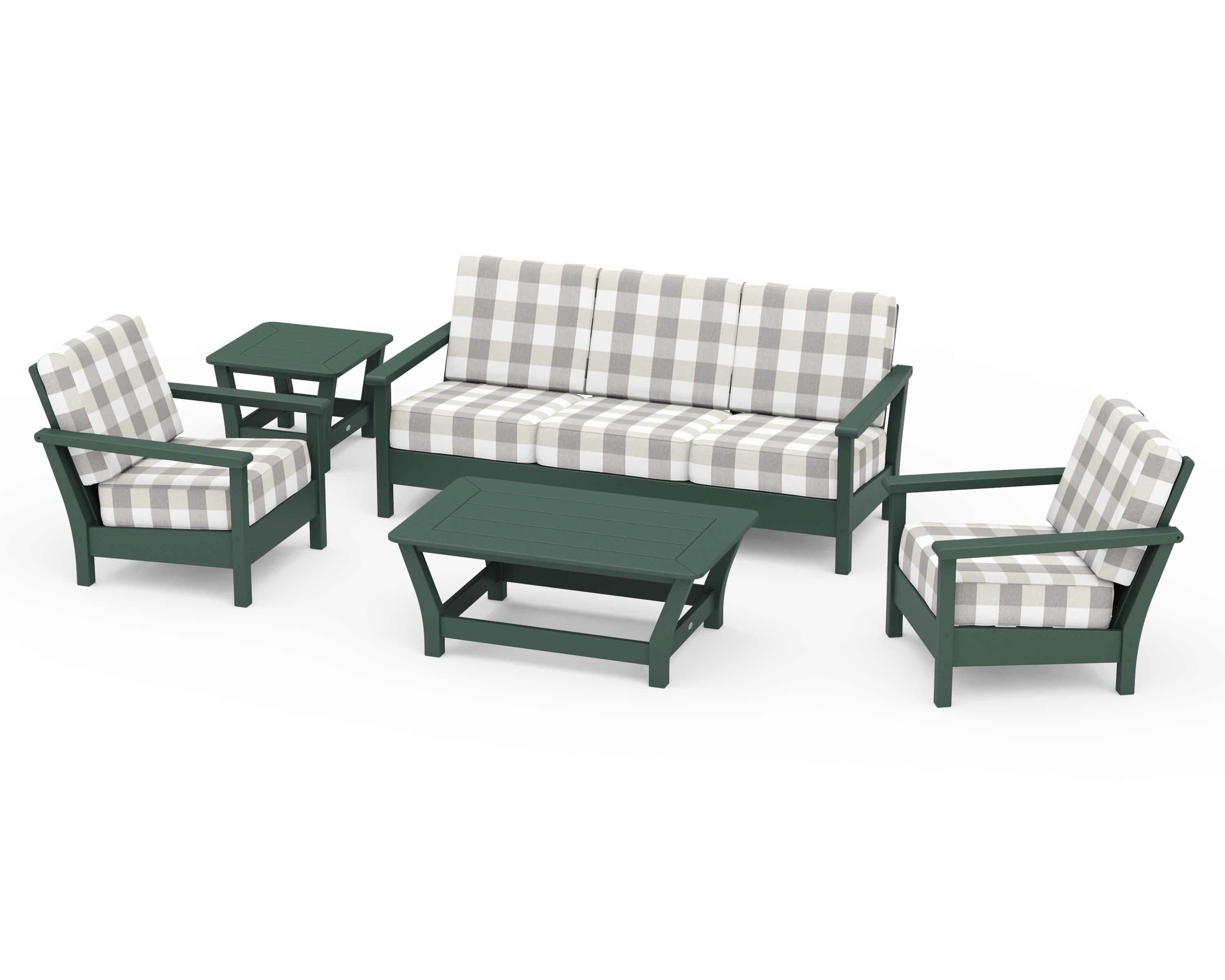 POLYWOOD® Harbour 5-Piece Deep Seating Set in Green / Buffalo Plaid Grey Mist