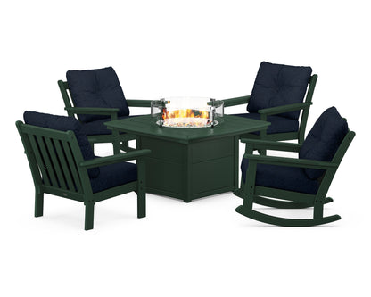 POLYWOOD® Vineyard 5-Piece Deep Seating Rocking Chair Conversation Set with Fire Pit Table in Green / Marine Indigo