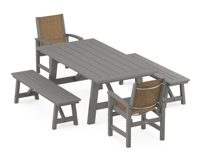 POLYWOOD® Coastal 5-Piece Rustic Farmhouse Dining Set With Benches in Slate Grey / Burlap Sling