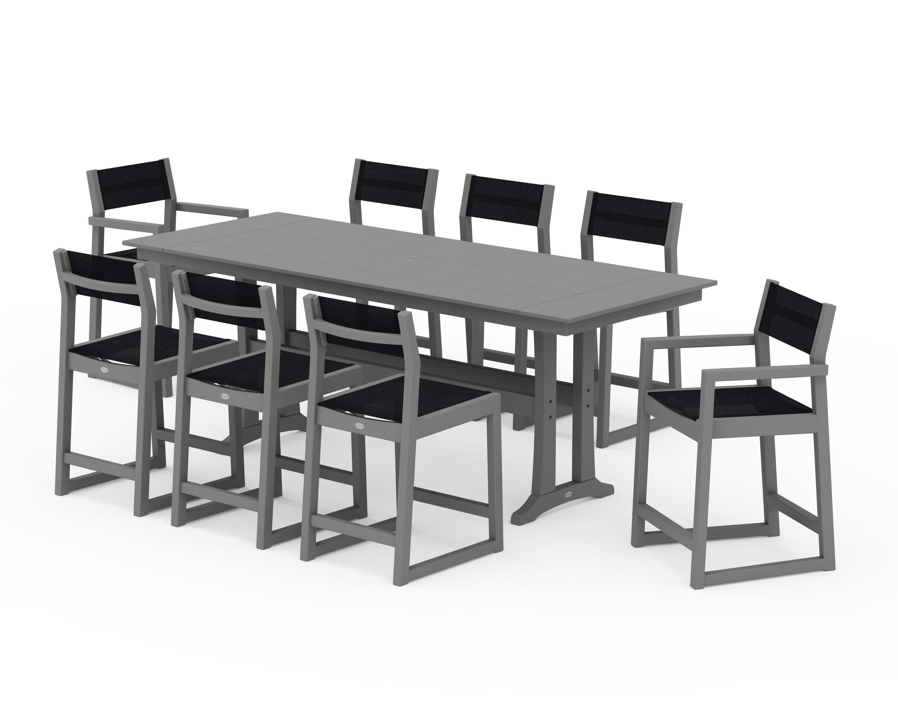 POLYWOOD® EDGE Sling 9-Piece Farmhouse Counter Set with Trestle Legs in Slate Grey / Black Sling