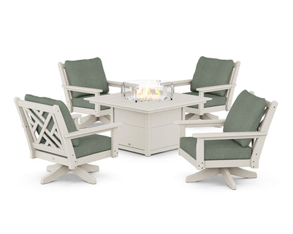 POLYWOOD® Chippendale 5-Piece Deep Seating Swivel Conversation Set with Fire Pit Table in Sand / Cast Sage