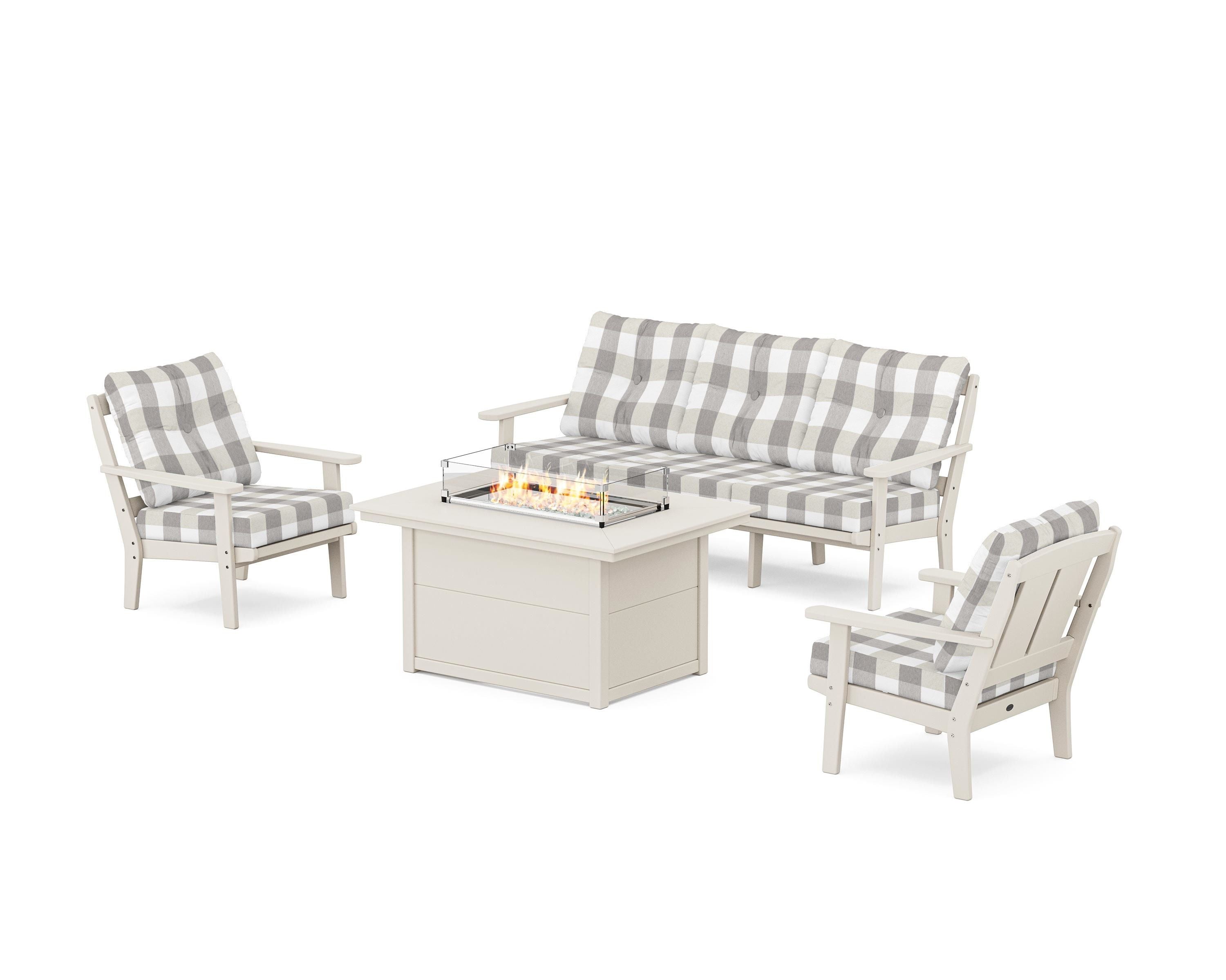 POLYWOOD® Mission Deep Seating Fire Pit Table Set in Sand / Buffalo Plaid Grey Mist