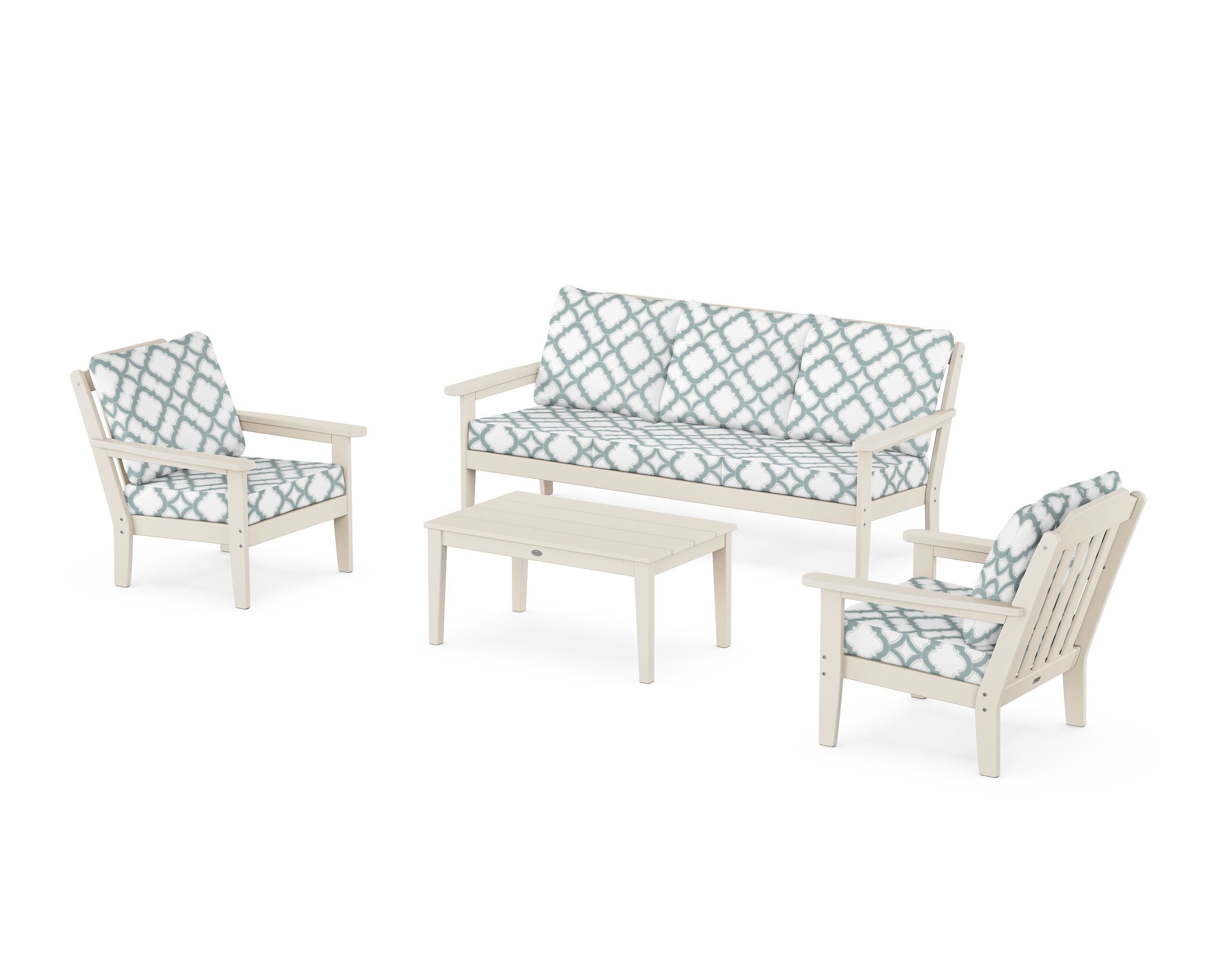 Country Living Cottage 4-Piece Deep Seating Set with Sofa in Sand / Trellis Glacier Spa