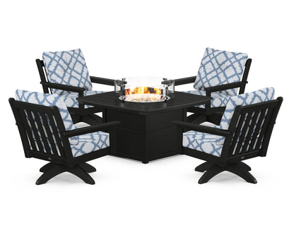 POLYWOOD® Vineyard 5-Piece Deep Seating Swivel Conversation Set with Fire Pit Table in Black / Trellis Sky Blue