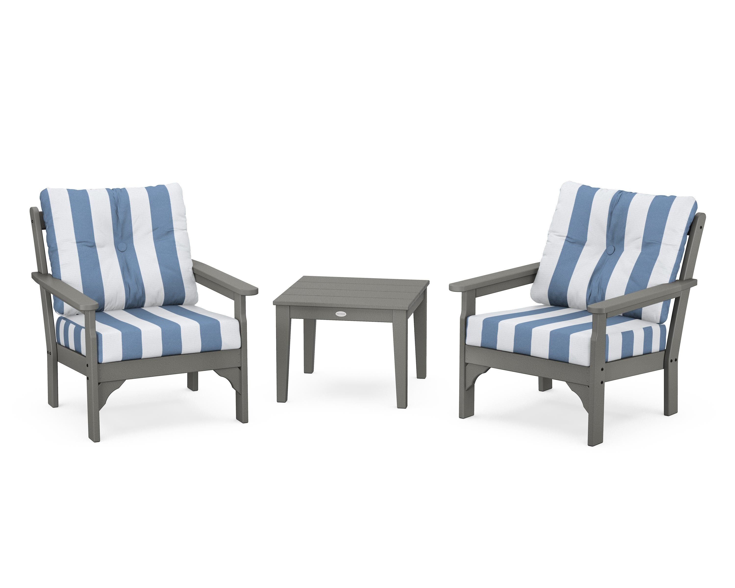 POLYWOOD® Vineyard 3-Piece Deep Seating Set in Slate Grey / Cabana Stripe Sky Blue
