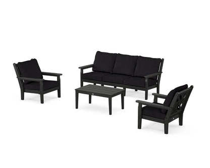 POLYWOOD® Chippendale 4-Piece Deep Seating Set with Sofa in Black / Midnight Linen