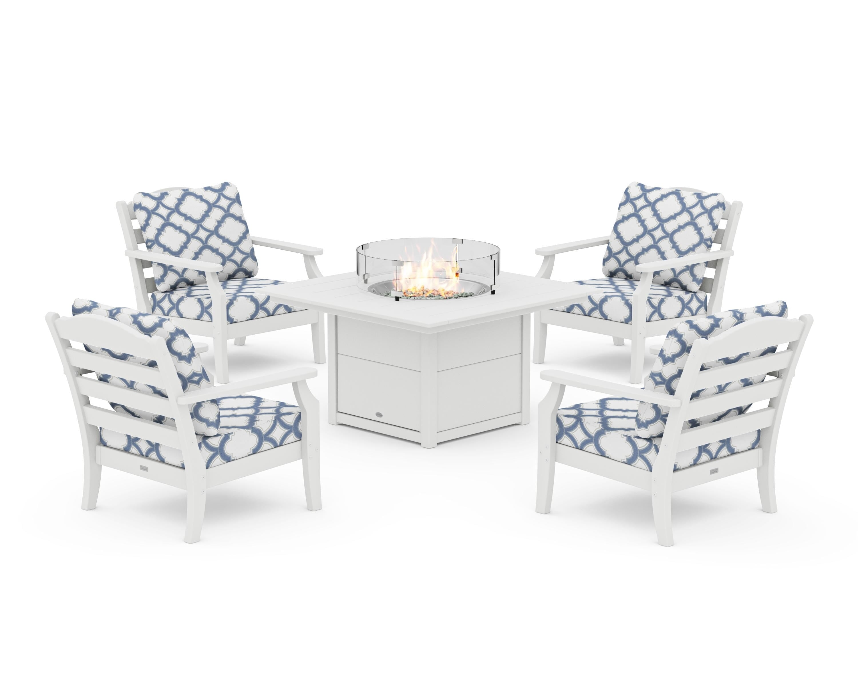 Draper James™ by  POLYWOOD® Savannah 5-Piece Deep Seating Set with Fire Pit Table in White / Trellis Sky Blue