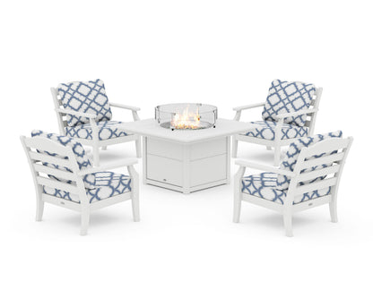 Draper James™ by  POLYWOOD® Savannah 5-Piece Deep Seating Set with Fire Pit Table in White / Trellis Sky Blue