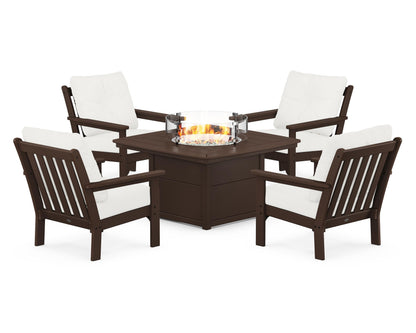 POLYWOOD® Vineyard 5-Piece Conversation Set with Fire Pit Table in Mahogany / Natural Linen