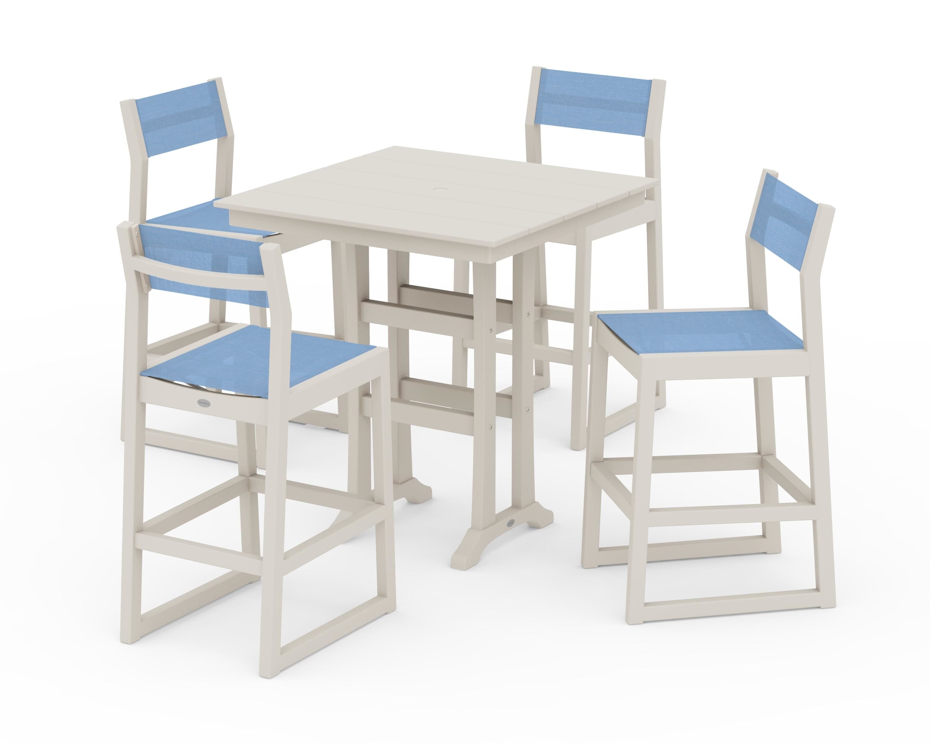 POLYWOOD® EDGE Sling Arm Chair 5-Piece Farmhouse Bar Set with Trestle Legs in Sand / Poolside Sling