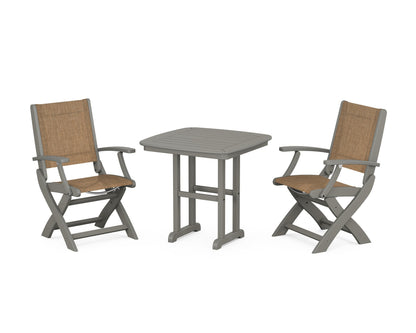 POLYWOOD® Coastal Folding Chair 3-Piece Dining Set in Slate Grey / Burlap Sling