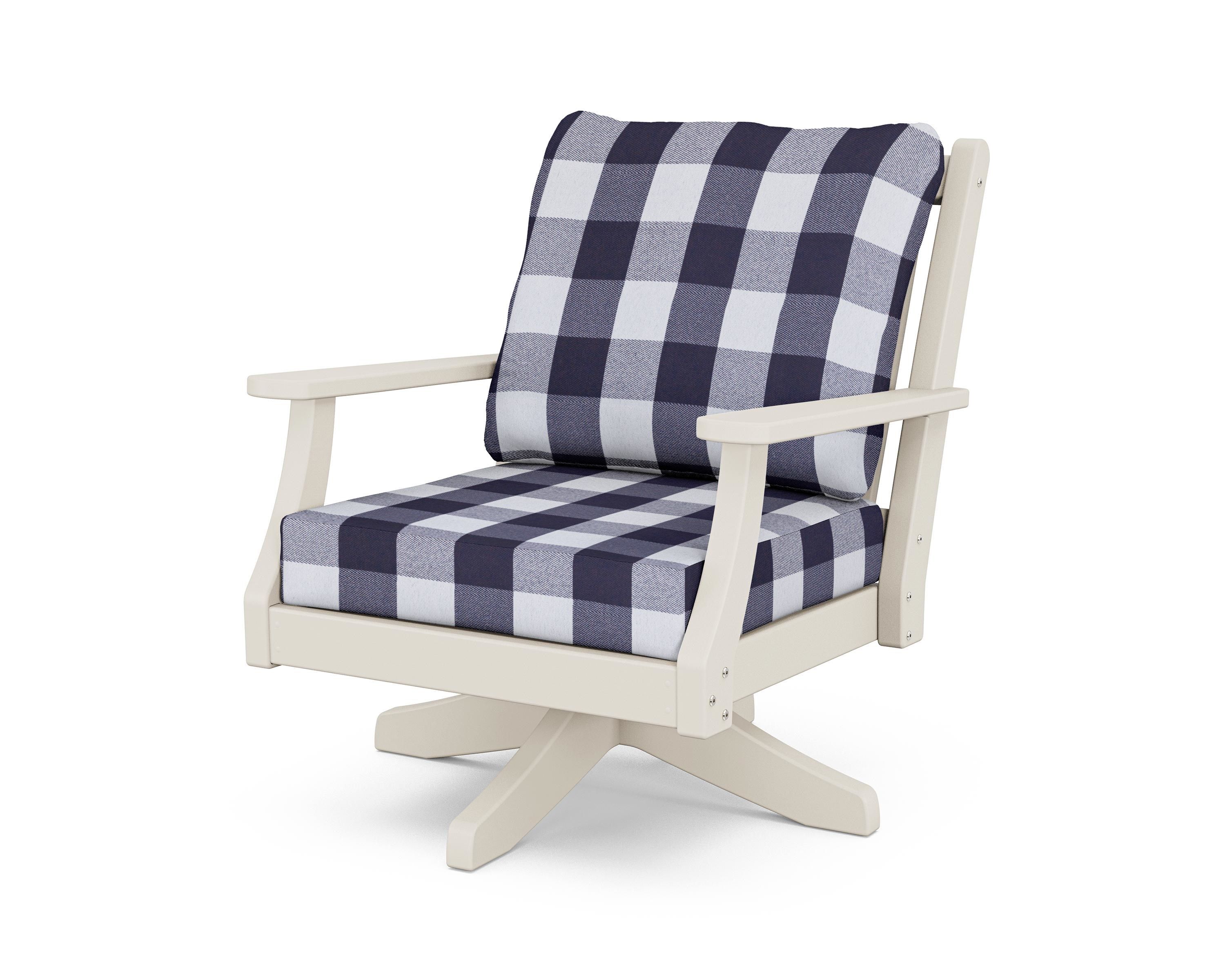 Country Living Wovendale Deep Seating Swivel Chair in Sand / Buffalo Plaid Navy
