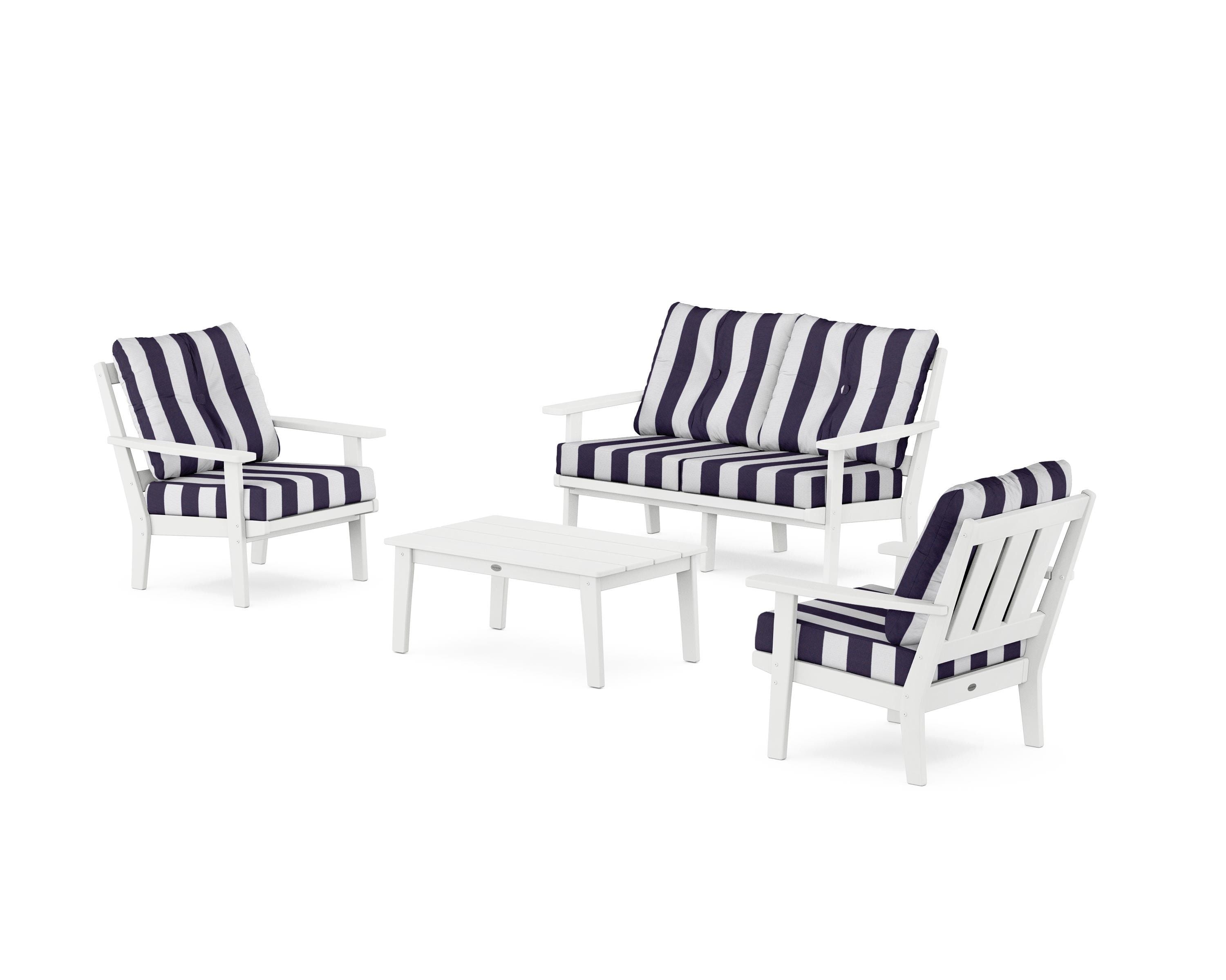 POLYWOOD® Oxford 4-Piece Deep Seating Set with Loveseat in White / Cabana Stripe Navy