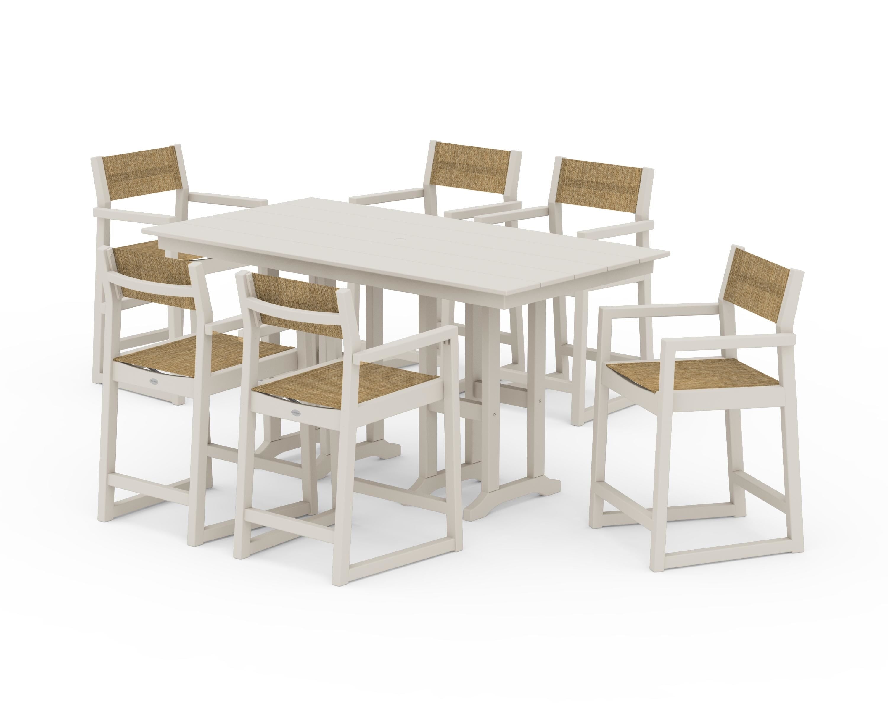 POLYWOOD® EDGE Sling Arm Chair 7-Piece Farmhouse Counter Set in Sand / Burlap Sling