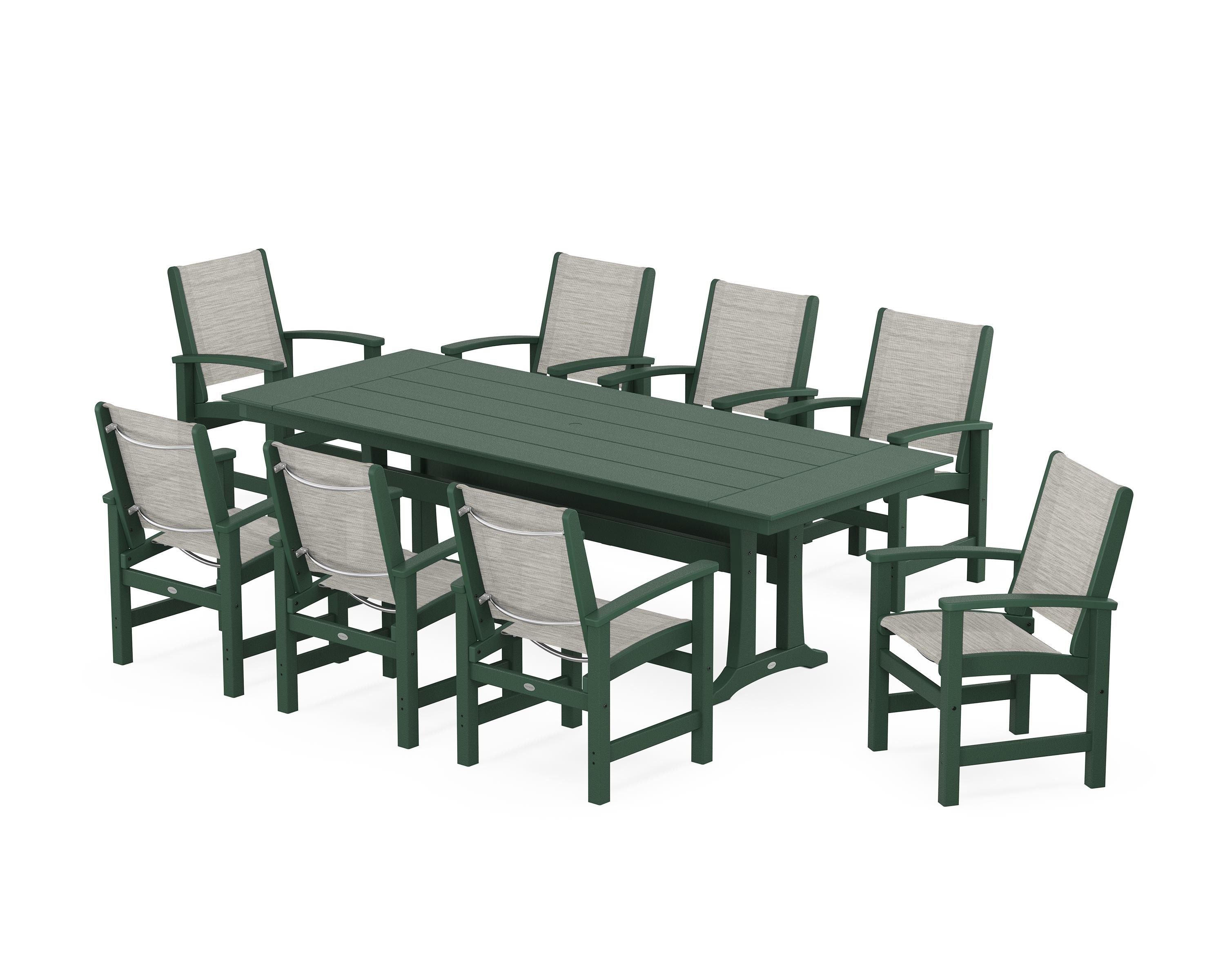 POLYWOOD® Coastal 9-Piece Farmhouse Dining Set with Trestle Legs in Green / Birch Sling
