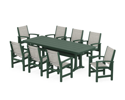 POLYWOOD® Coastal 9-Piece Farmhouse Dining Set with Trestle Legs in Green / Birch Sling