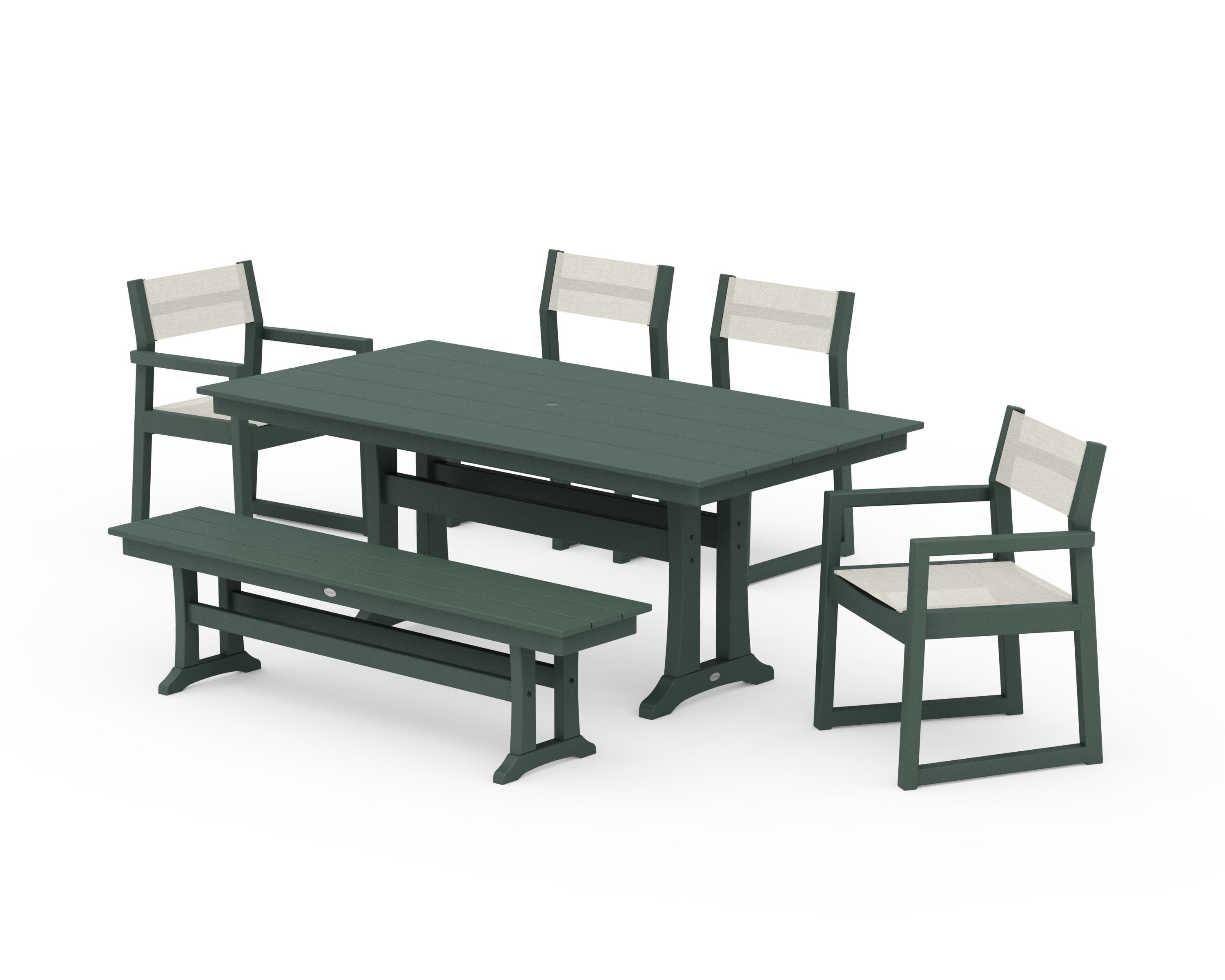 POLYWOOD® EDGE Sling 6-Piece Farmhouse Dining Set With Trestle Legs in Green / Parchment Sling