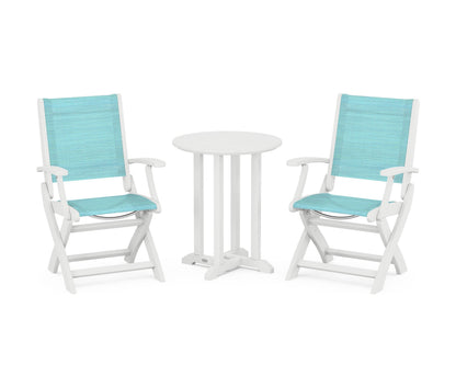POLYWOOD® Coastal Folding 3-Piece Round Bistro Dining Set in White / Dupioni Aquamarine Sling