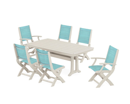 POLYWOOD® Coastal Folding Chair 7-Piece Dining Set with Trestle Legs in Sand / Dupioni Aquamarine Sling