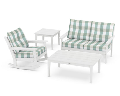POLYWOOD® Vineyard 4-Piece Deep Seating Rocker Set in White / Buffalo Plaid Glacier Spa
