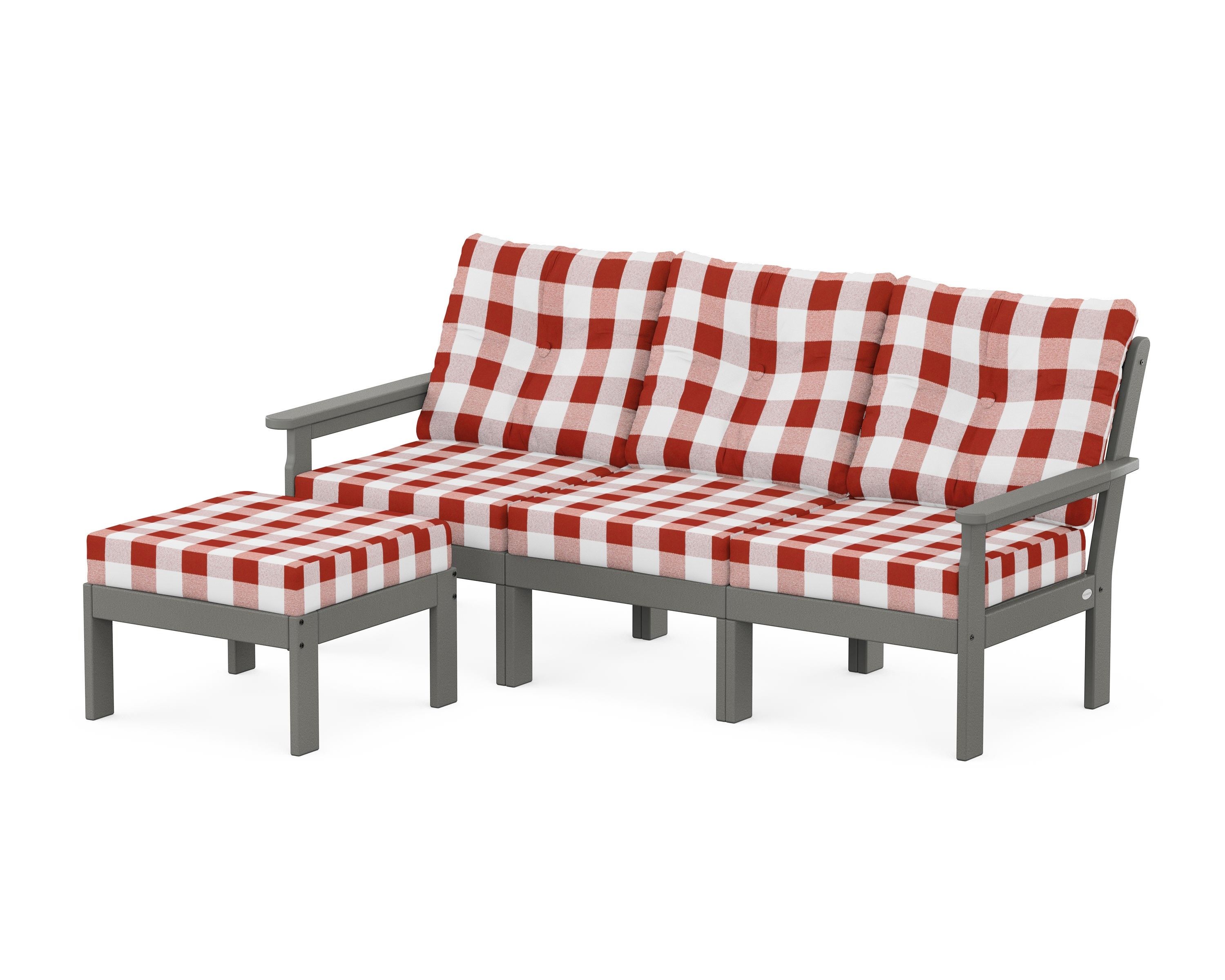 POLYWOOD® Vineyard 4-Piece Sectional with Ottoman in Slate Grey / Buffalo Plaid Crimson