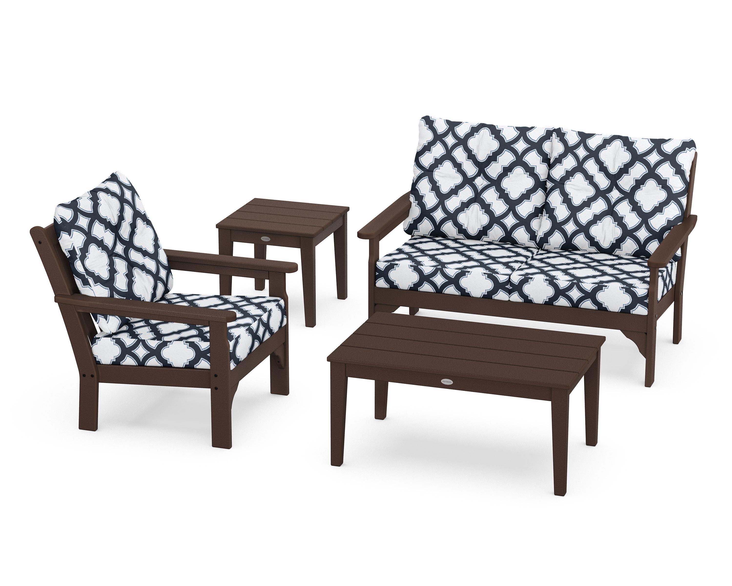 POLYWOOD® Vineyard 4-Piece Deep Seating Set in Mahogany / Trellis Marine Indigo